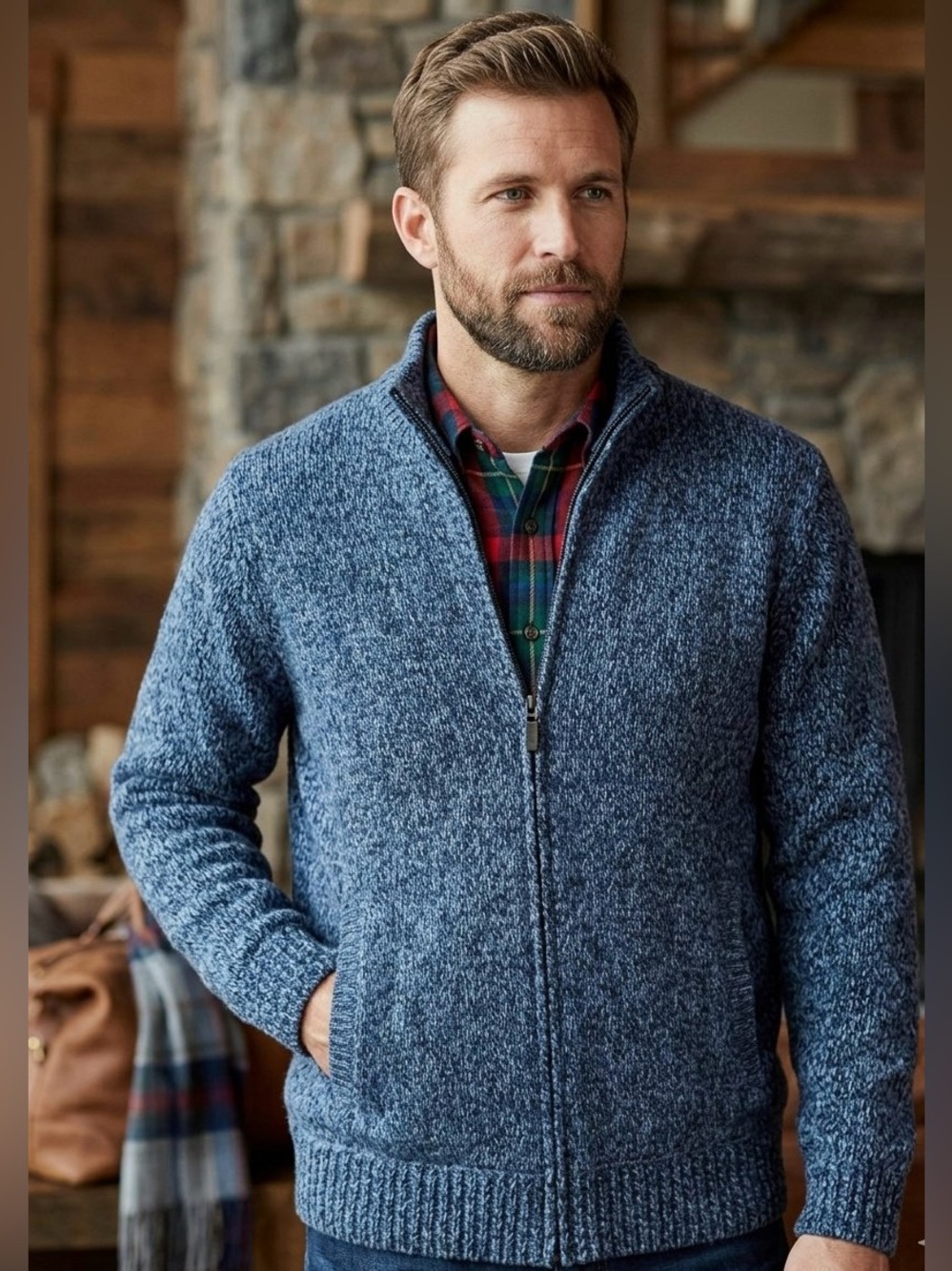 L.L.Bean 100% Lambswool Flannel Lined Full Zip Sweater Mens Size Large